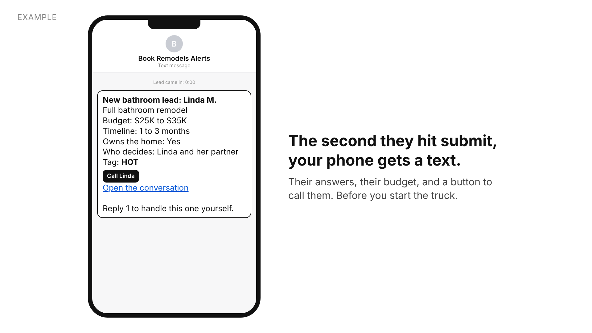 Example lead alert text with the homeowner's answers, a call button and a conversation link.