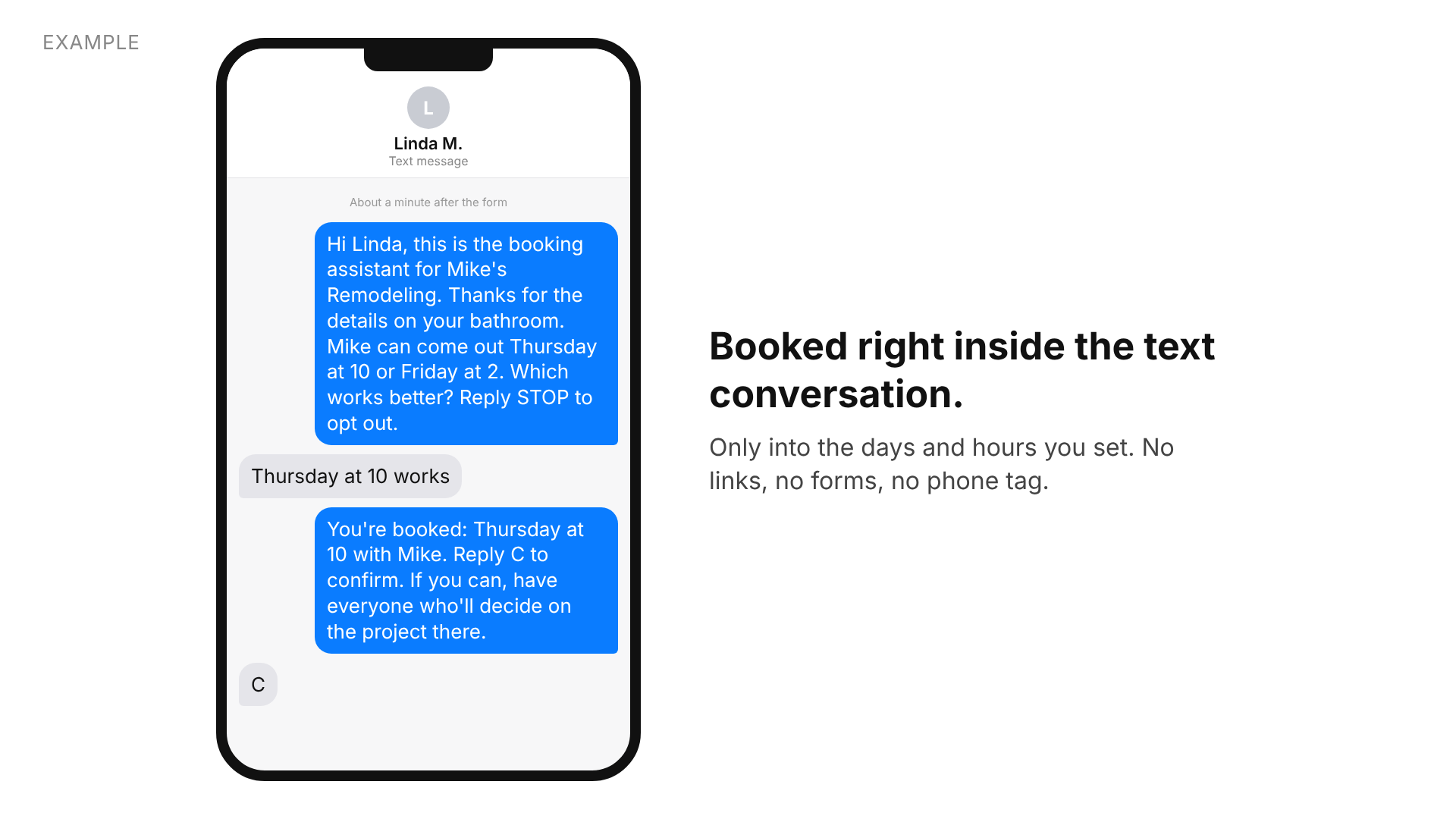 Example text conversation where the booking assistant offers two times and the homeowner books Thursday at 10.